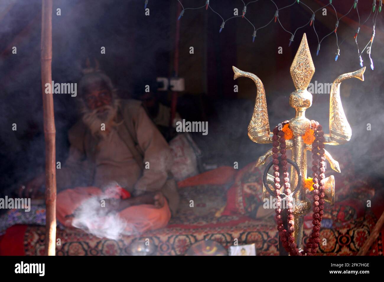 India, Uttarakhand, Haridwar, Kumbh Mela. Un Sadhu un ascetico o praticante di yoga (yogi) che ha dato in su l'inseguimento dei primi tre obiettivi indù di Foto Stock