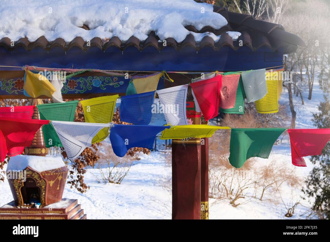 Le bandiere buddiste tibetane di preghiera volano sul vento sullo sfondo degli alberi in inverno. Luce del sole visibile attraverso numerose bandiere di preghiera colorate. Foto Stock