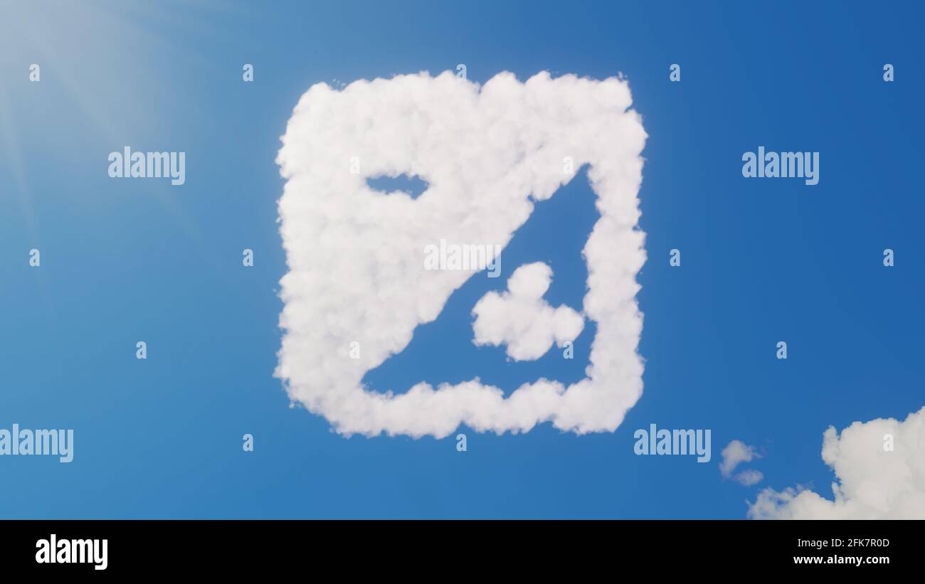 rendering 3d di nuvole bianche soffici a forma di simbolo del segno della macchina fotografica di esposizione sul cielo blu con i raggi del sole Foto Stock