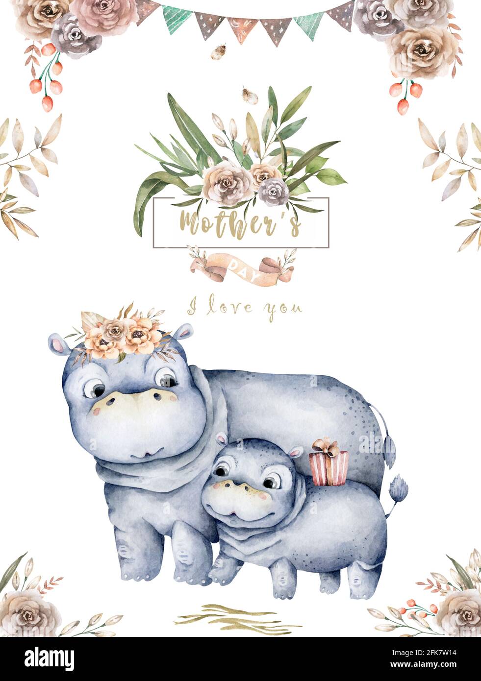 Acquerello simpatico cartoon illustrazione con cute hippo mummy e foglie di fiore del bambino. Disegno dell'illustrazione della madre e del bambino. Mamma tropicale Foto Stock