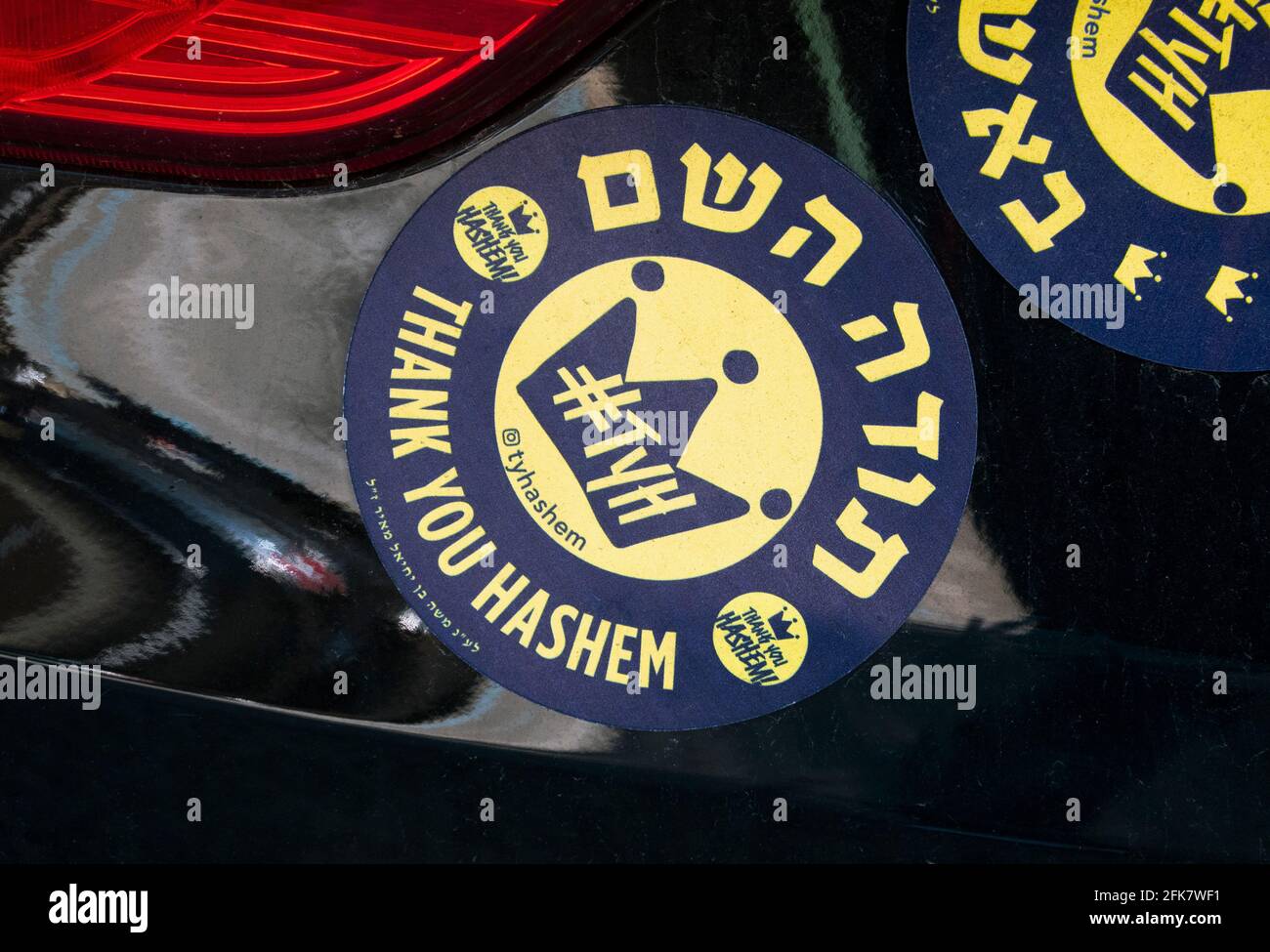 Una persona ebrea 'r adesivo paraurti di gratitudine, ringraziando Dio. A Long Island, New York. HaShem è un nome ebraico per Dio. Foto Stock