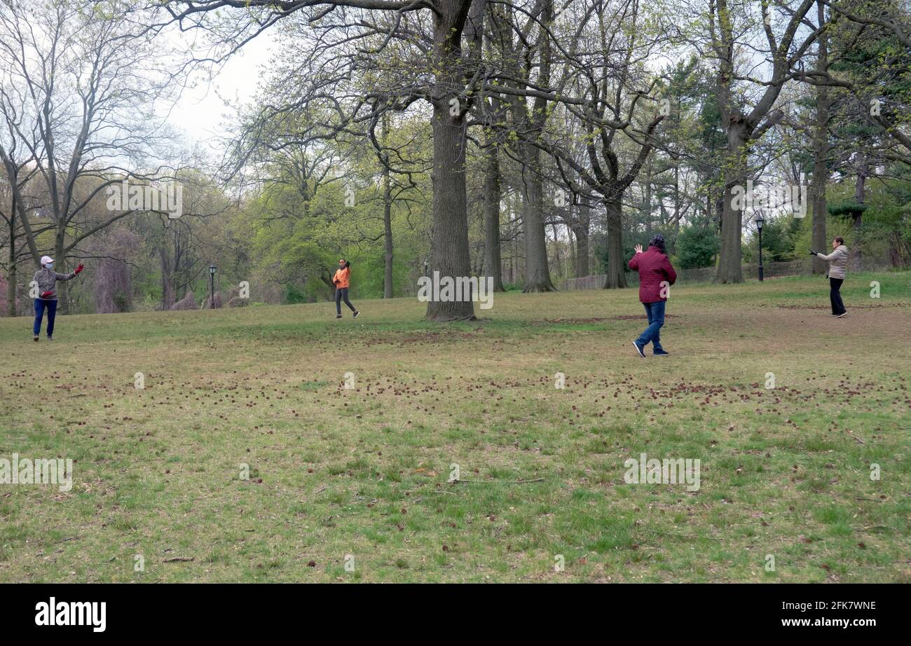Le donne asiatiche americane eseguono un rituale di camminare in un cerchio intorno ad un albero con un braccio esteso verso di esso. In un parco a Queens, New York City. Foto Stock