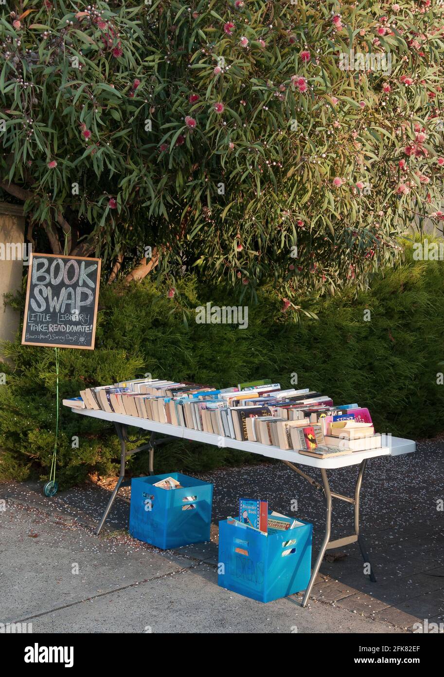 Tavolo libero per lo scambio di libri allestito fuori da una casa suburbana, Melbourne, Australia Foto Stock