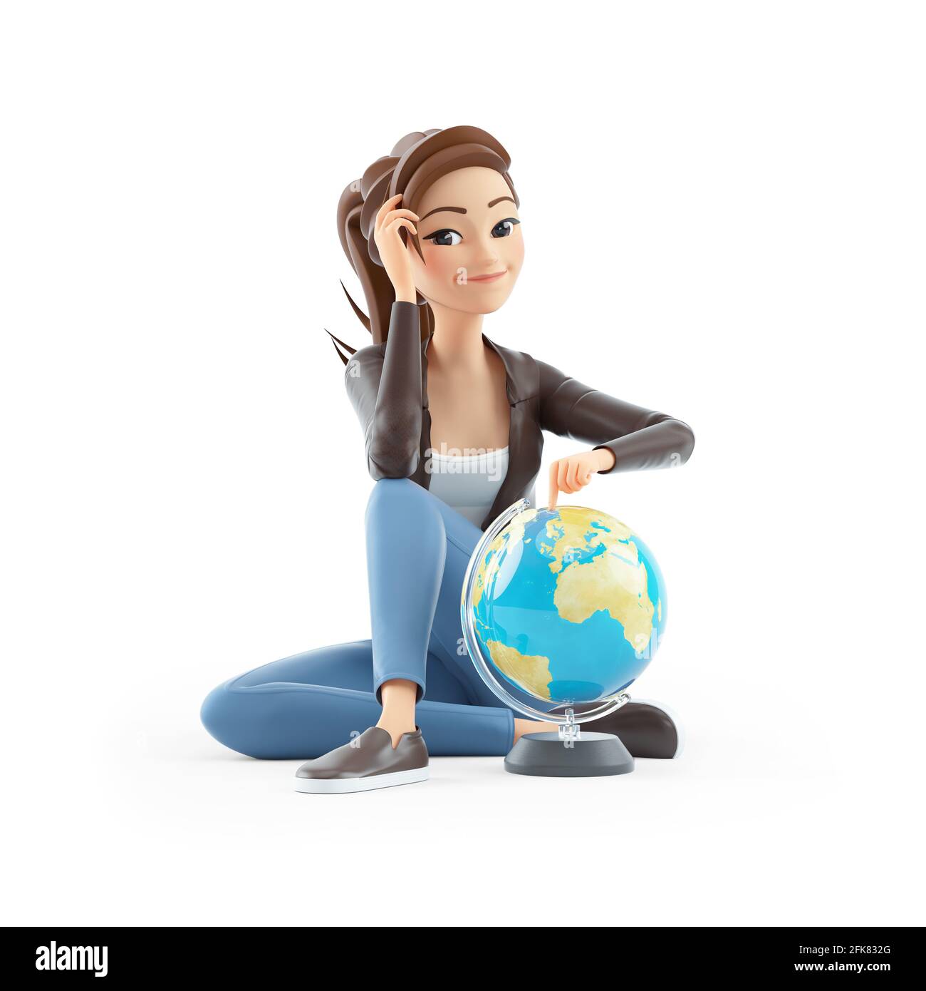 donna cartoon 3d seduta sul pavimento con globo terrestre, illustrazione isolata su sfondo bianco Foto Stock