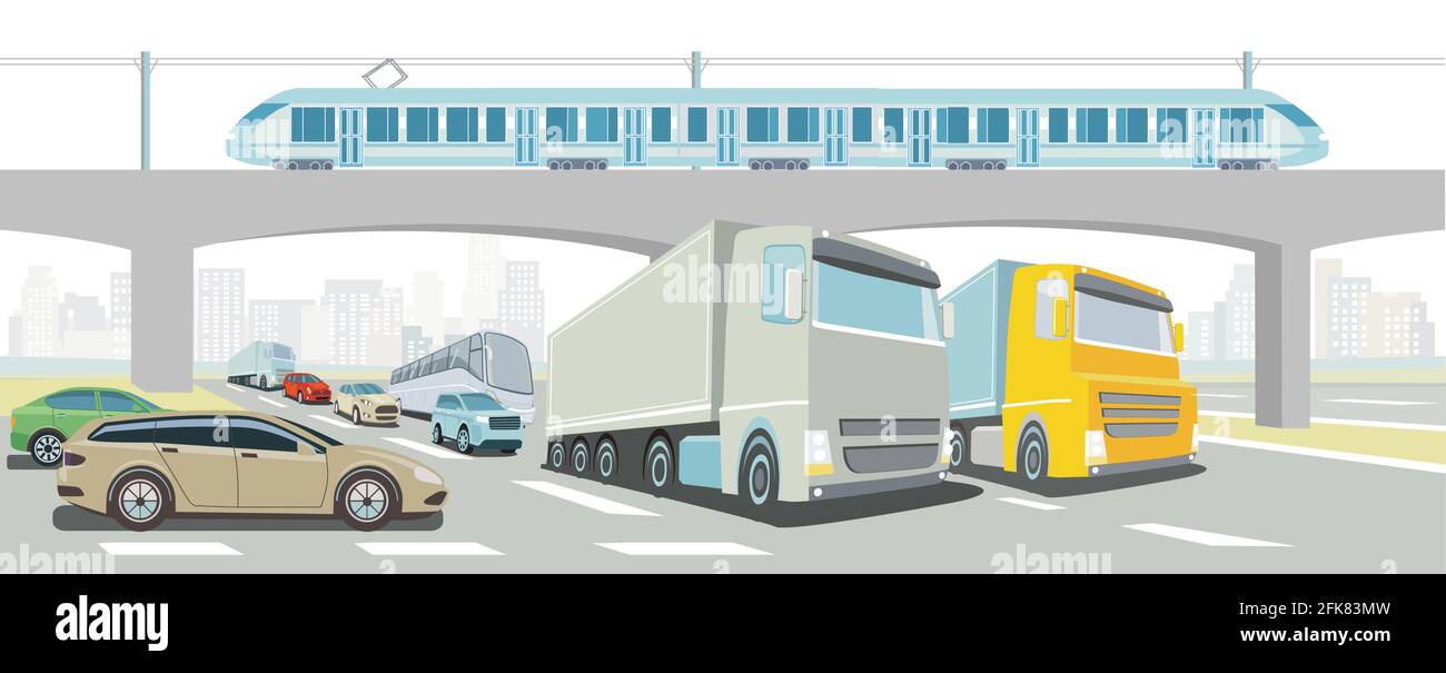 Ponte autostradale con treno espresso, camion, autobus e auto per passeggeri Illustrazione Vettoriale