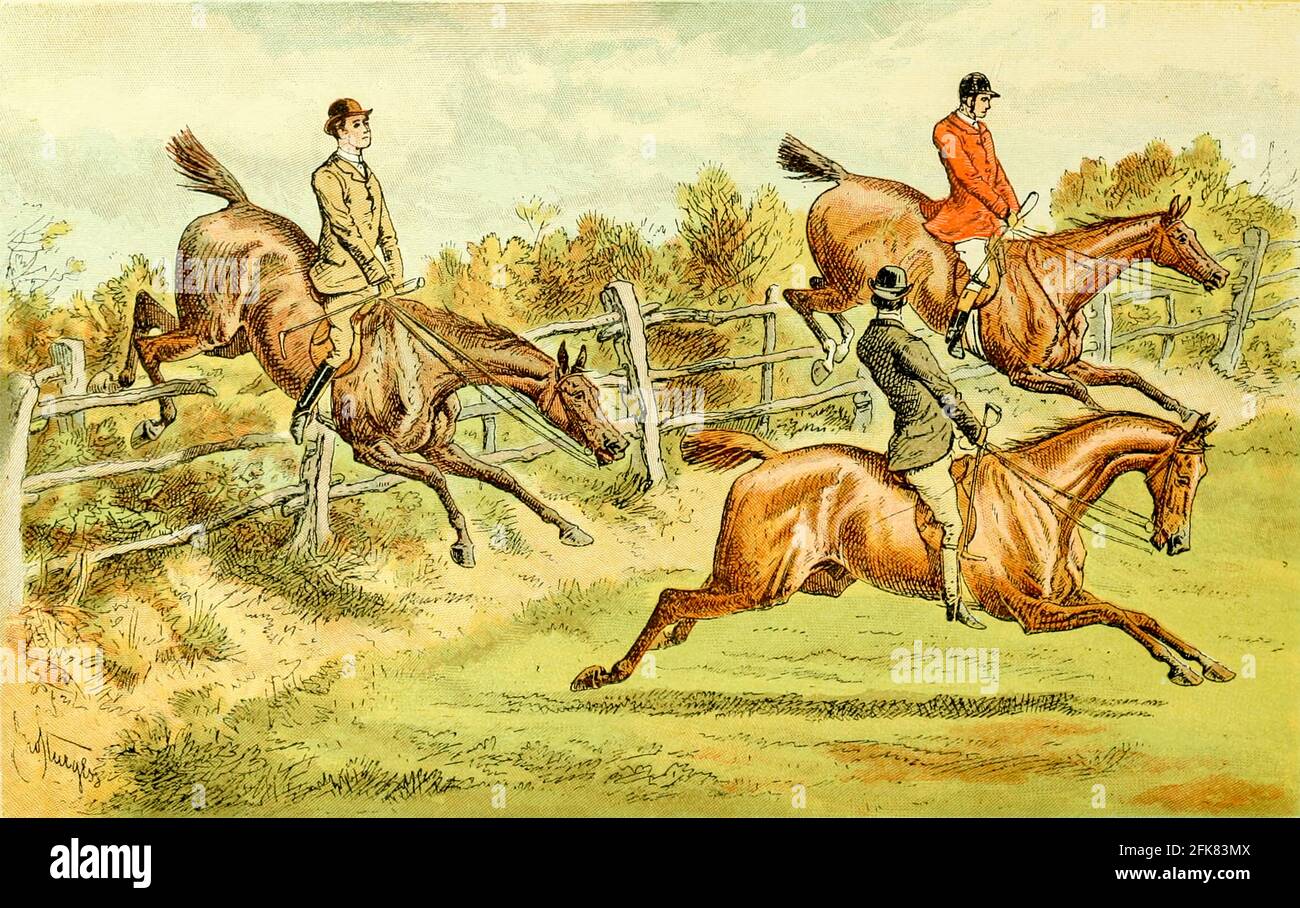 Colour Fox Hunting illustrazione dal libro ' The Best season record ' selezionato e ripubblicato da 'The Field' da Captain Pennell-Elmhirst, Edward 1845-1916; illustrato da John Sturgess, pubblicato a Londra da George Routledge e Sons 1884 Foto Stock