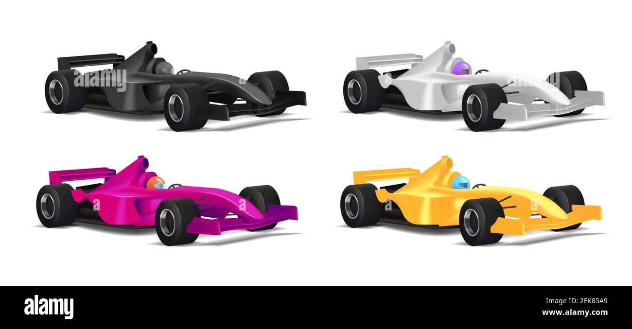 Illustrazione realistica di auto sportive in diversi colori con conducente in casco e con pneumatici neri, grafica dettagliata in 3d Illustrazione Vettoriale