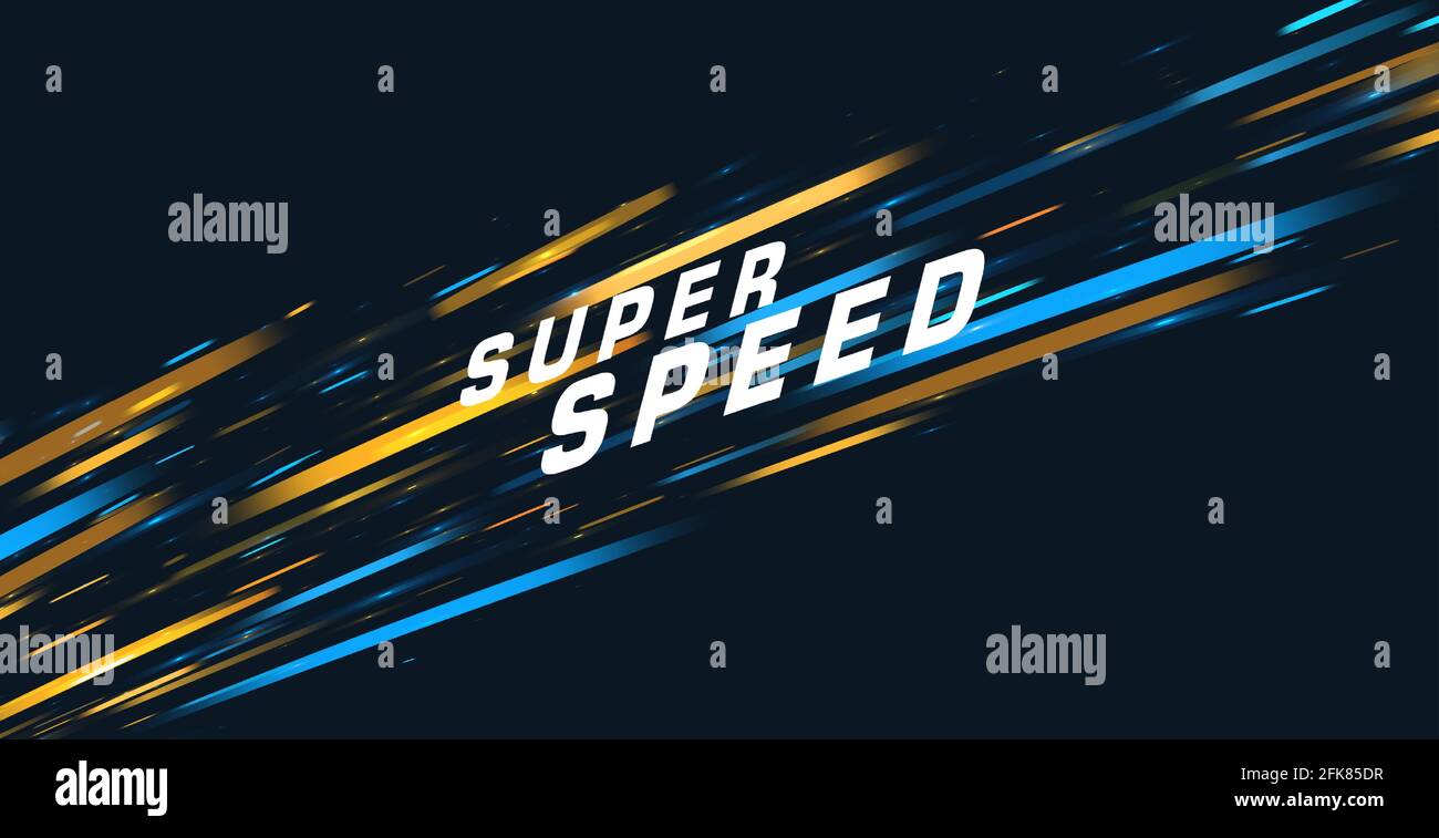 Sfondo vettoriale astratto con luci luminose in movimento che formano il neon coda con testo super veloce Illustrazione Vettoriale