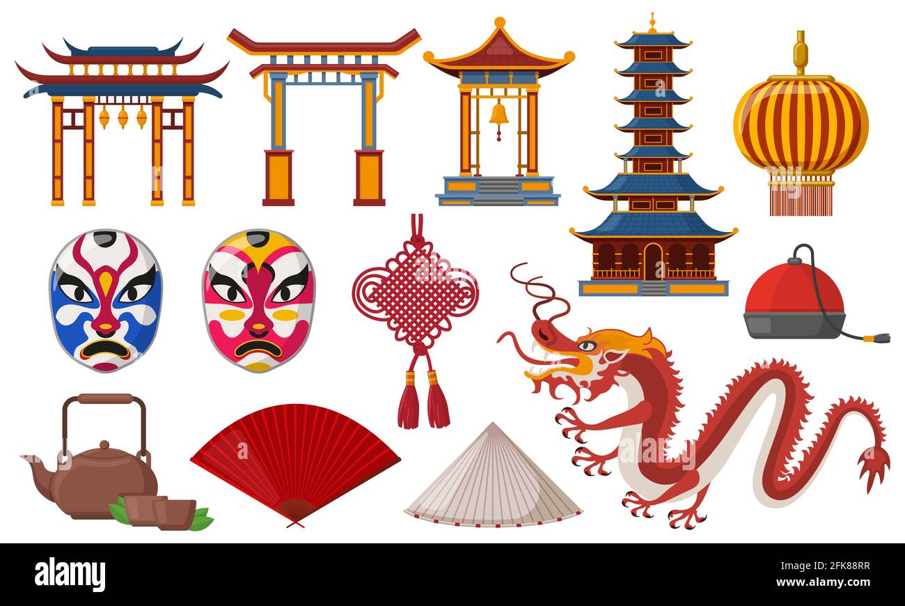 Elementi tradizionali cinesi. Cultura asiatica simboli tradizionali, pagoda, lanterna e drago isolato vettore illustrazione insieme. Icone orientali della Cina Illustrazione Vettoriale