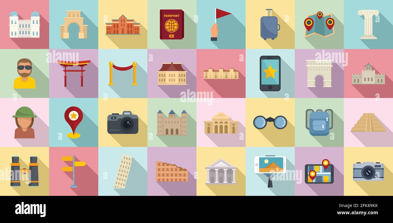Set di icone turistiche, stile piatto Illustrazione Vettoriale