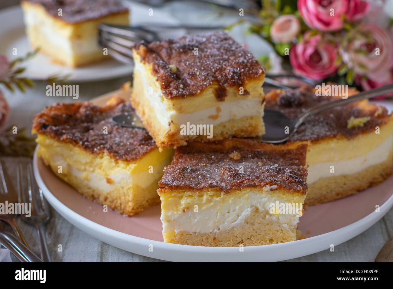 Un piatto con pezzi di torta appena sfornati serviti su un tavolo da cucina a casa con sfondo sfocato. Tedesco tradizionale Eierschecke Foto Stock