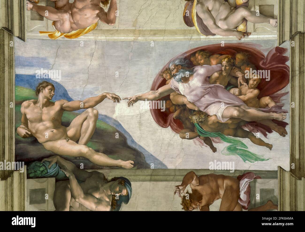 Michelangelo Buonarroti, Cappella Sistina, la creazione di Adamo, 1512, affresco, Musei Vaticani, Città del Vaticano, Roma, Italia. Foto Stock