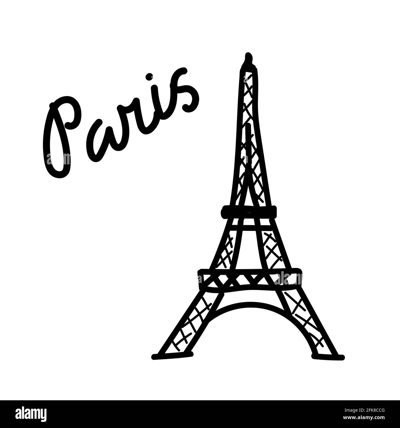 Eifel torre. Illustrazione vettoriale doodle disegnata a mano isolata sullo sfondo. Disegni semplici con colore nero. Illustrazione Vettoriale