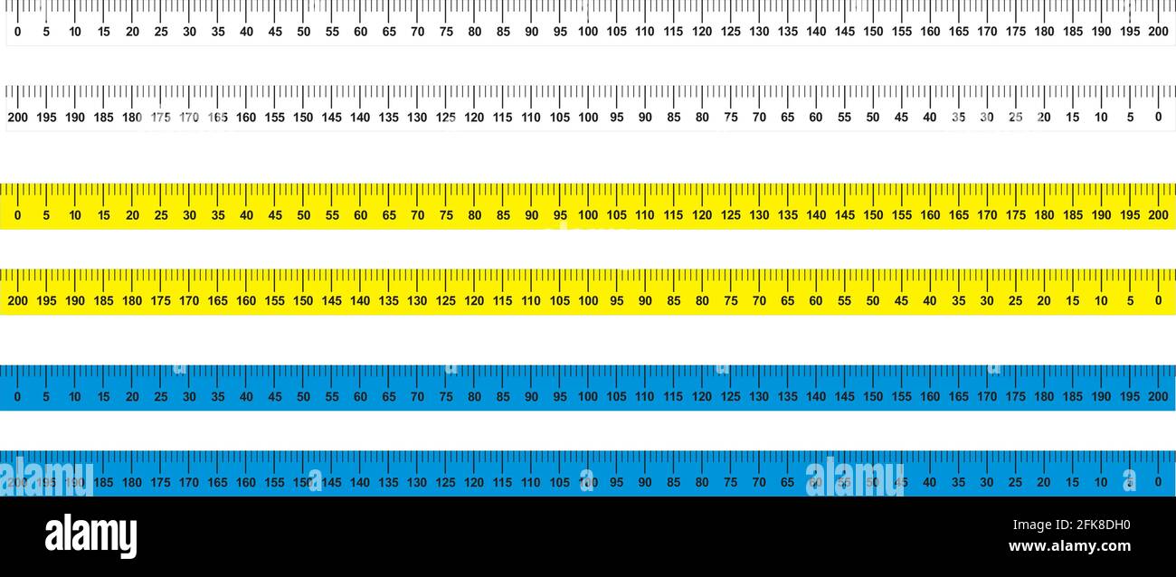 Misurare la misurazione metrica del righello del nastro. Righello metrico.  righello vettoriale metrico di 200 centimetri di colore giallo e nero. Due  versioni, da sinistra a destra Immagine e Vettoriale - Alamy
