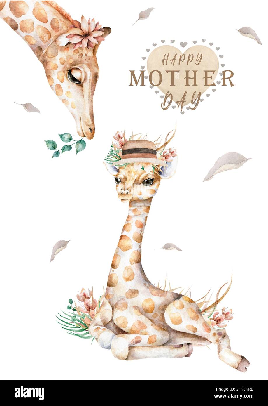 Happy Mothers giorno con carina giraffa e giraffa bambino. Illustrazione a colori ad acqua disegnata a mano per cartolina di auguri. Banner di design con testo Foto Stock