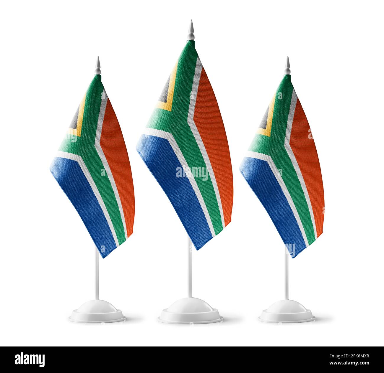 Piccole bandiere nazionali del Sud Africa su un bianco sfondo Foto Stock