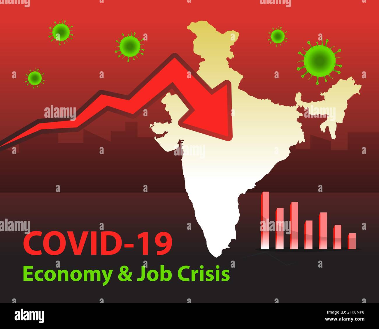 Impatto sull'economia indiana dovuto al coronavirus. Covid-19 pandemia mondiale crisi di economia e posti di lavoro. Settori di lavoro pubblici e privati. Illustrazione Vettoriale