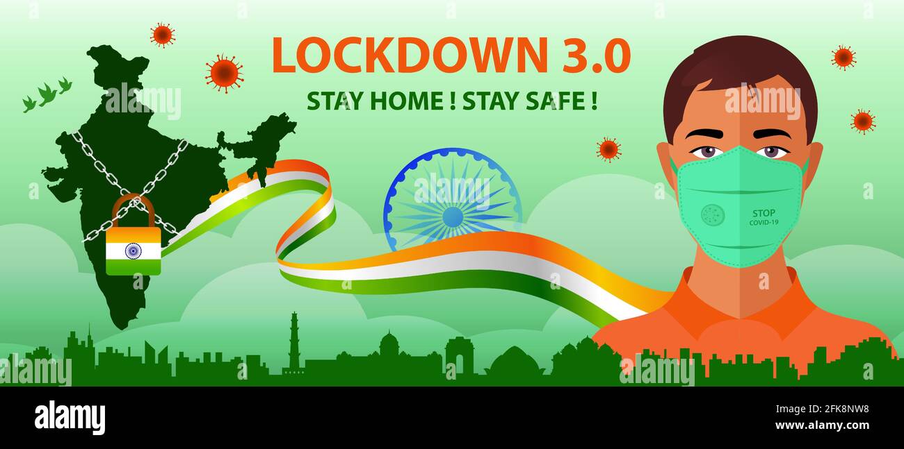India ha esteso il blocco per combattere con la pandemia di Covid-19. Lockdown 3.0 sfondo con corona guerriero con maschera protettiva. Soggiorno a casa soggiorno sicuro india g Illustrazione Vettoriale