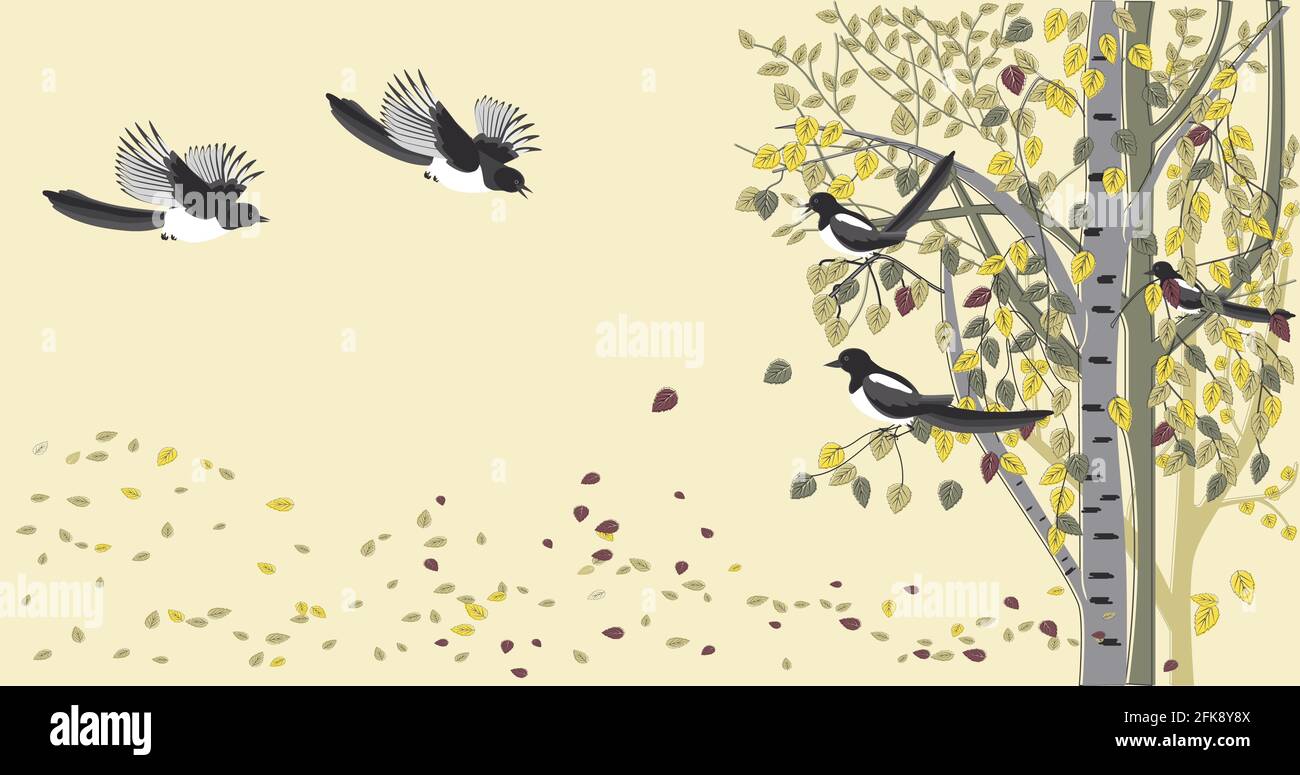 Bandiera vettoriale con i Magpies volanti, uccelli su alberi sullo sfondo autunno con foglie cadenti. Illustrazione decorativa nello stile piatto, spazio di copia Illustrazione Vettoriale