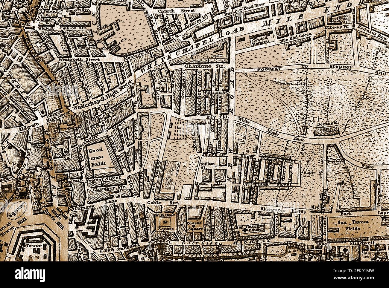 Una mappa molto precoce delle strade di Londra Inghilterra e delle sue caratteristiche tra cui Whitechapel Road, Sun tavern fields, Goodmans fields, Mile end, green, Whitechapel High Street, aldgate, torre di londra, Tower Hill, Bluegates Fields, Petticoat Lane, St Georges Church, White Horse Lane, Wentworth Street, Redmans Row, London Hospital, Mile End, Charlotte Street, Montagu Street, Ducking Pond Row, Brick Lane, Bakers Lane, Back Lane, Cable Street, Rosemary Lane, Princes Square ben vicino, Well Street, Lambert Street , Great Tower Hill, Little Tower Hill, Ratclife Highway, Pennington Street, ecc. Foto Stock