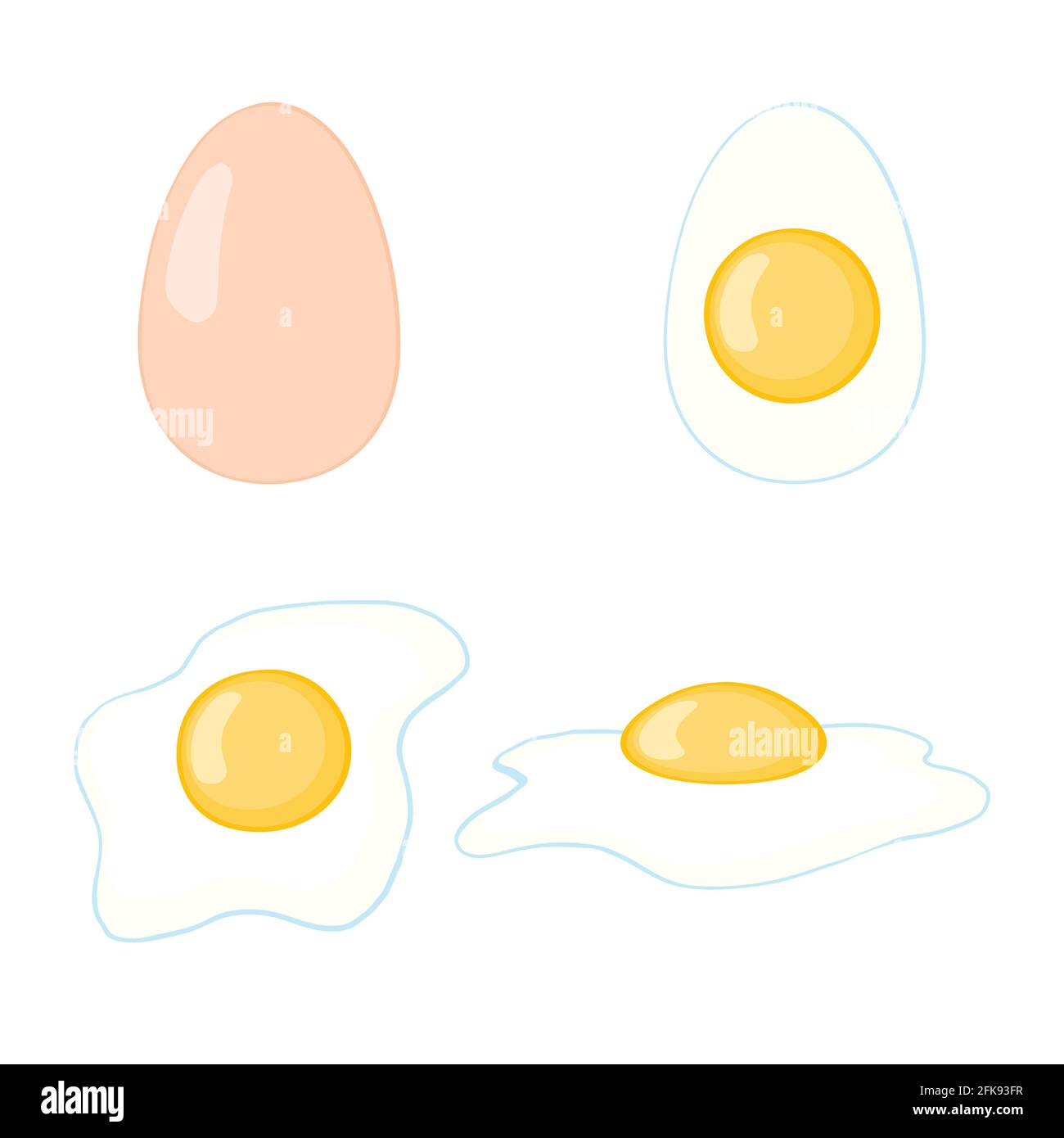 Uovo cartoon isolato su sfondo bianco. Set di uova fritte, bollite, metà, a fette. Illustrazione vettoriale. Uova in forme varie. Illustrazione Vettoriale