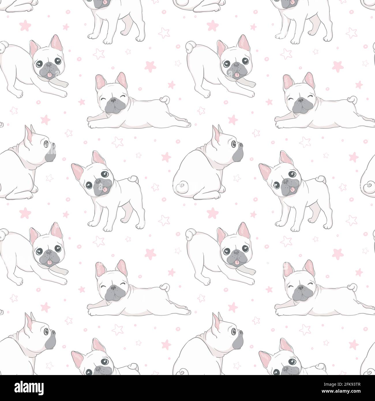 Motivo senza cuciture con carino bulldog francese su sfondo bianco. Illustrazione vettoriale. Illustrazione Vettoriale