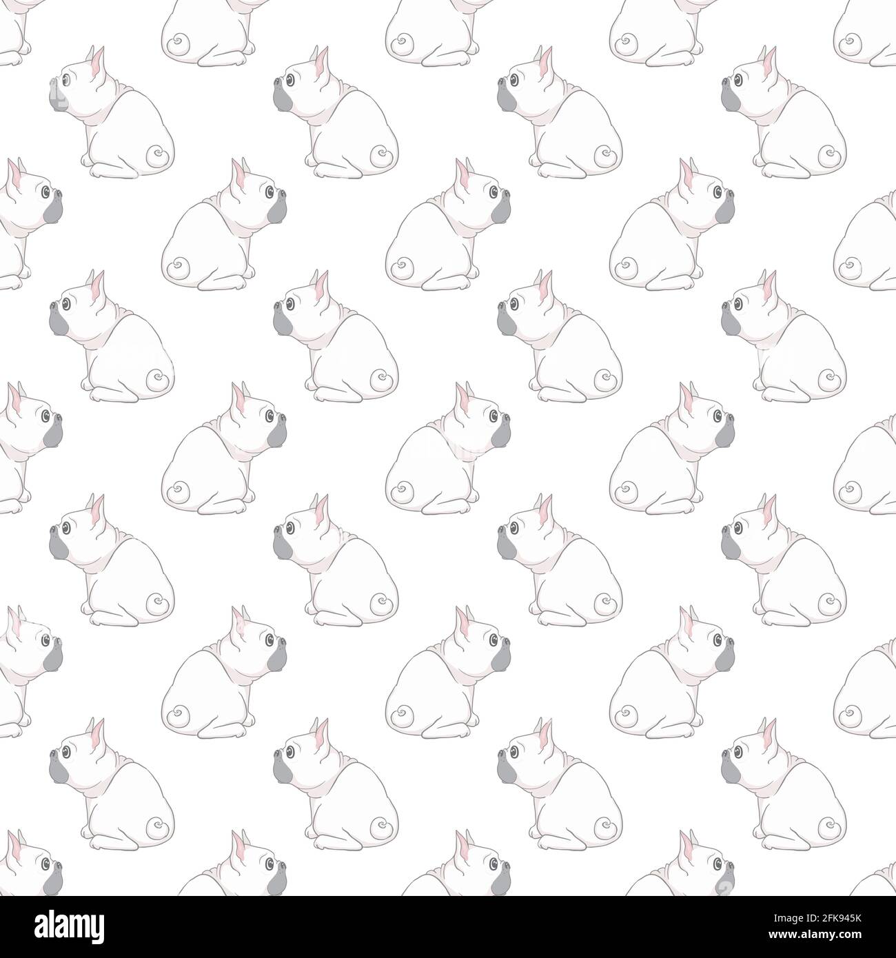 Motivo senza cuciture con carino bulldog francese su sfondo bianco. Illustrazione vettoriale. Illustrazione Vettoriale