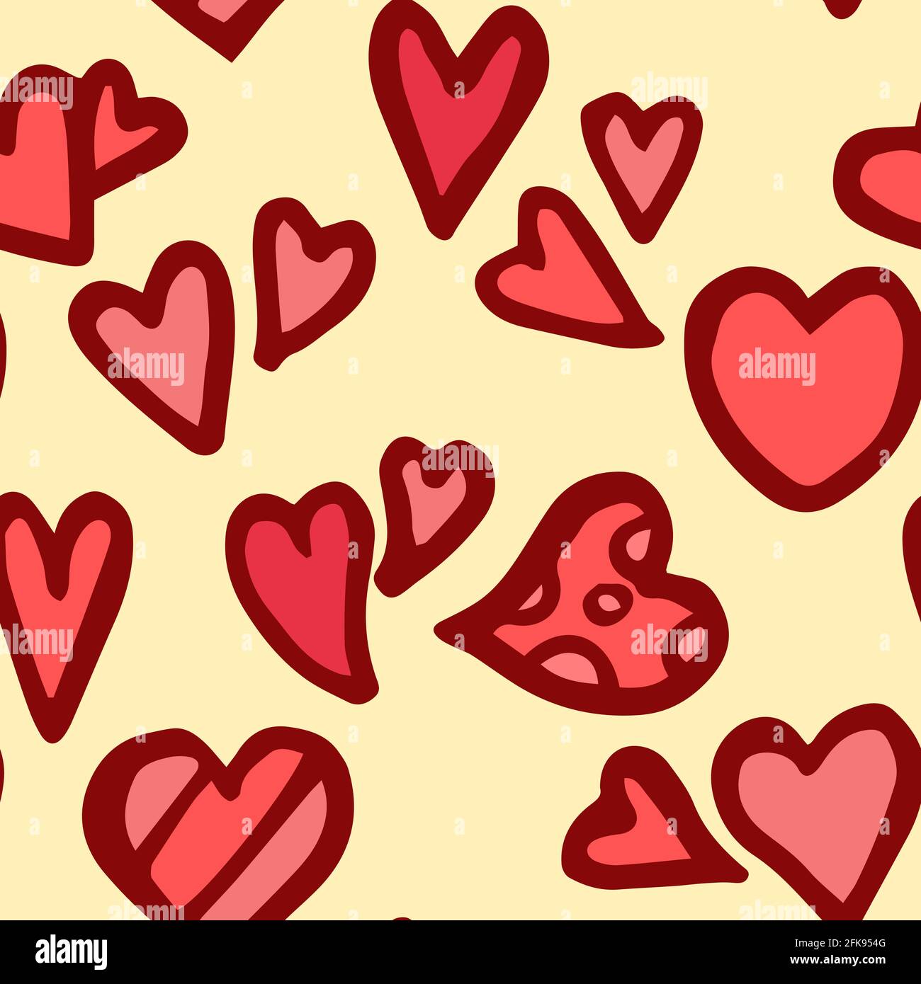 Cuori. Illustrazione senza interruzioni. Amore per lo schizzo in stile cartone animato. Disegno del contorno della mano. Divertente simpatico sfondo illustrazione. Vettore Illustrazione Vettoriale