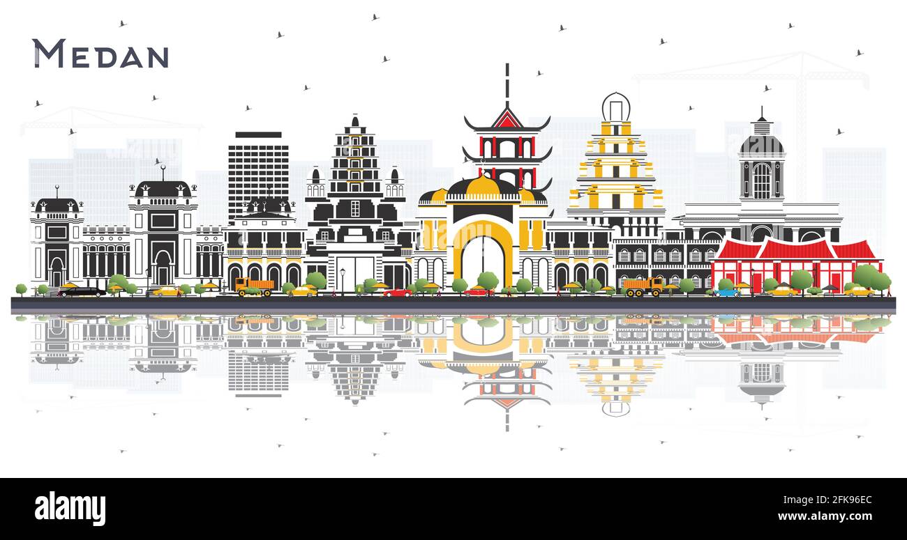 Medan Indonesia City Skyline con edifici a colori e riflessi isolati su bianco. Illustrazione vettoriale. Concetto di turismo con architettura storica. Illustrazione Vettoriale