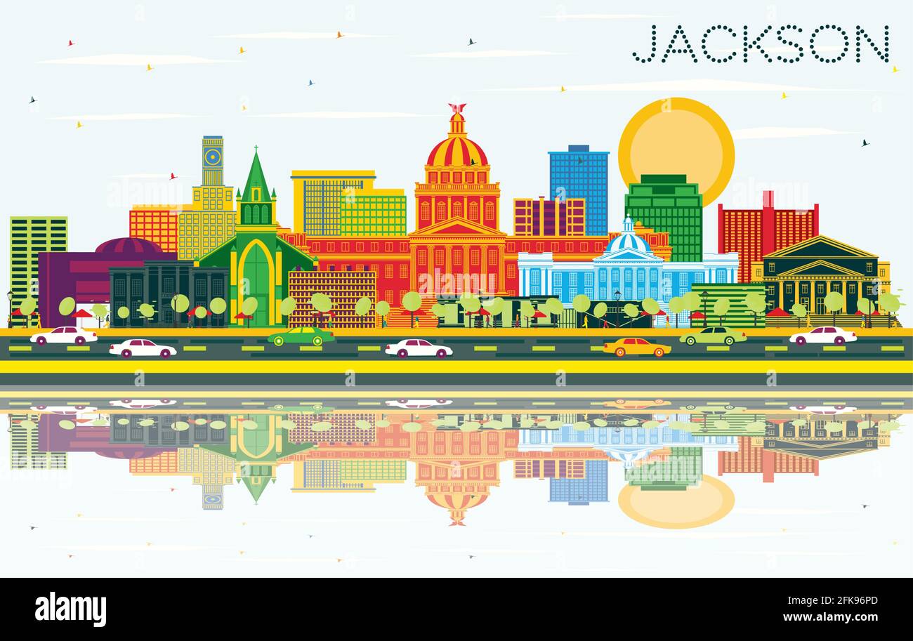 Jackson Mississippi City Skyline con Colour Buildings, Blue Sky e Reflections. Illustrazione vettoriale. Illustrazione Vettoriale