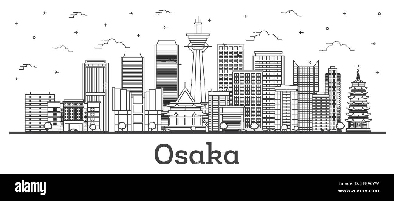 Profilo Osaka Japan City Skyline con edifici moderni isolati in bianco. Illustrazione vettoriale. Paesaggio urbano di Osaka con punti di riferimento. Illustrazione Vettoriale