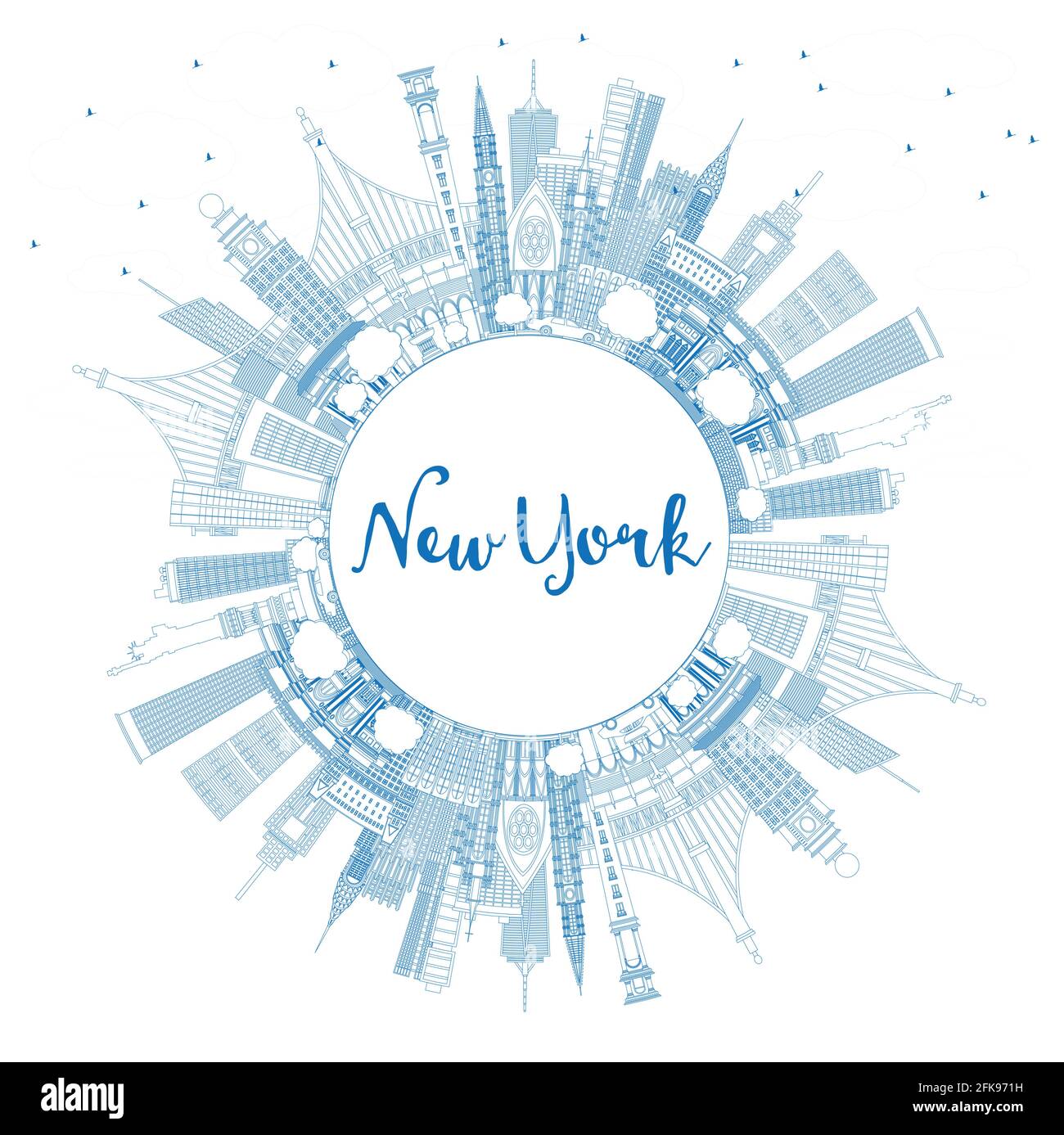 Profilo New York USA City Skyline con edifici blu e Copy Space. Illustrazione vettoriale. Il paesaggio urbano di New York con i punti di riferimento. Illustrazione Vettoriale