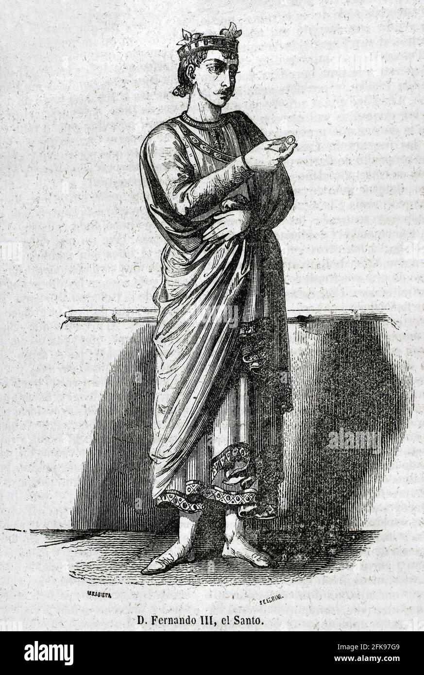 Ferdinando III di Castiglia, chiamato il santo (1199-1201). Re di Castiglia (1217-1252) e Leon (1230-1252). Illustrazione di Urrabieta. Incisione di Severini. Historia Generale de España di Padre Mariana. Madrid, 1852. Foto Stock