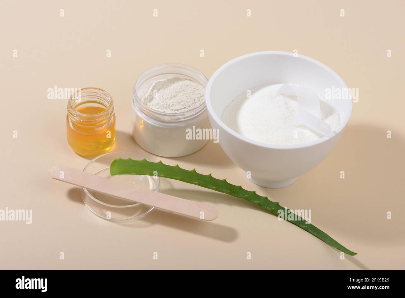 Ingredienti per la maschera facciale in polvere di collagene: Collagene, argilla, miele, aloe. Bellezza naturale per la pelle. Primo piano. Foto Stock