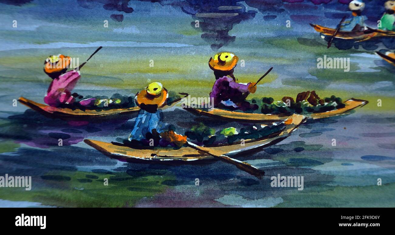 Pittura artistica disegnata a mano con acquerello mercato galleggiante dumnoen saduak disegno di sfondo dalla tailandia Foto Stock