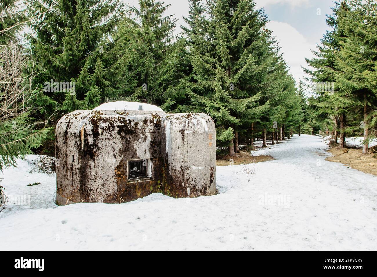 Casemato di fanteria isolato costruito in boschi e terreni montuosi in Eagle, Orlicke, Montagne, Repubblica Ceca. Confine militare cecoslovacco prima della guerra Foto Stock