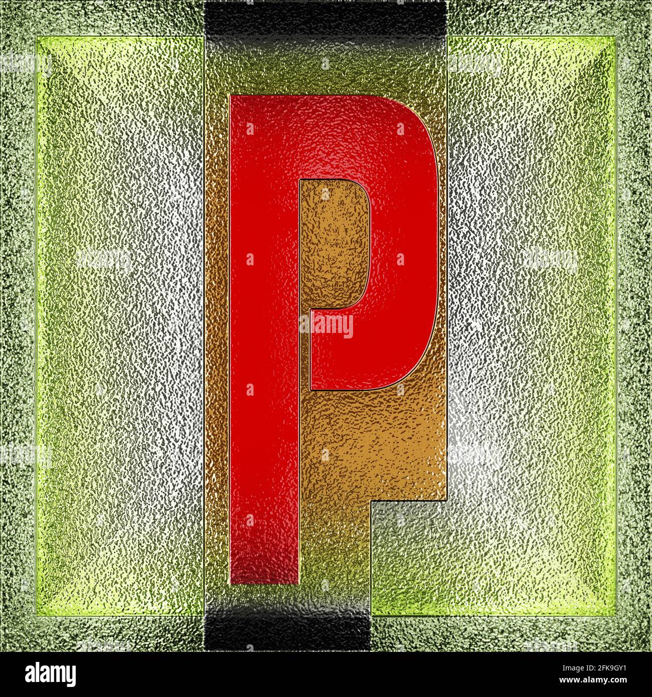 Grafica quadrata con il carattere maiuscolo P che rappresenta un maiuscolo lettera su metallo di foglio cromato Foto Stock