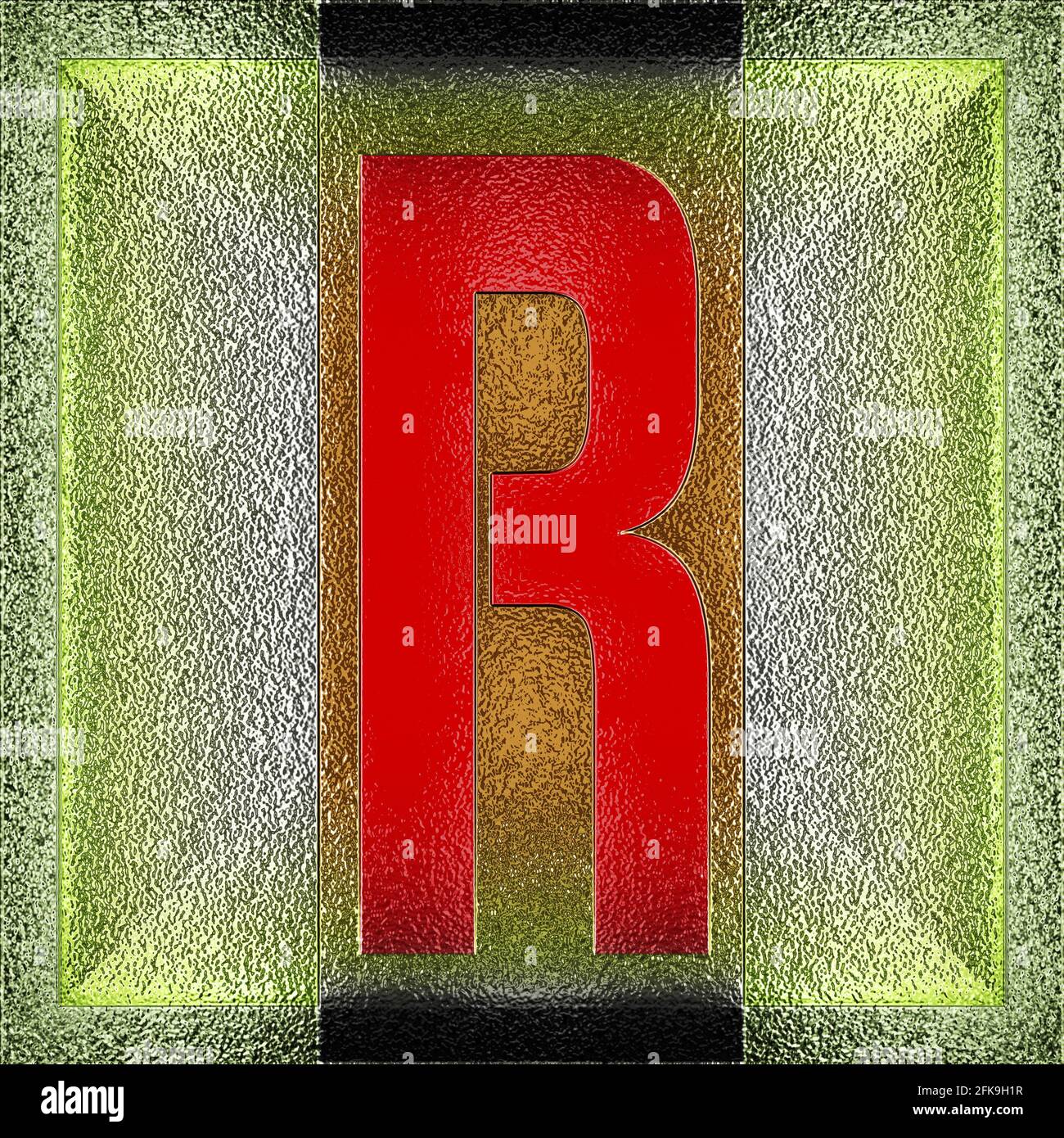 Grafica quadrata con il carattere maiuscolo R che rappresenta un maiuscolo lettera su metallo di foglio cromato Foto Stock