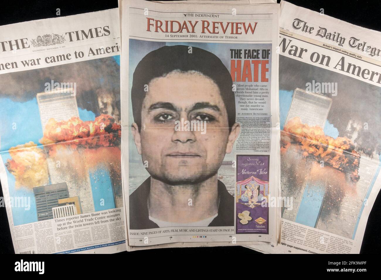 Immagine di Mohamed atta sulla revisione del venerdì, il giornale indipendente (Regno Unito) a seguito degli attacchi terroristici contro gli Stati Uniti l'11 settembre 2001. Foto Stock