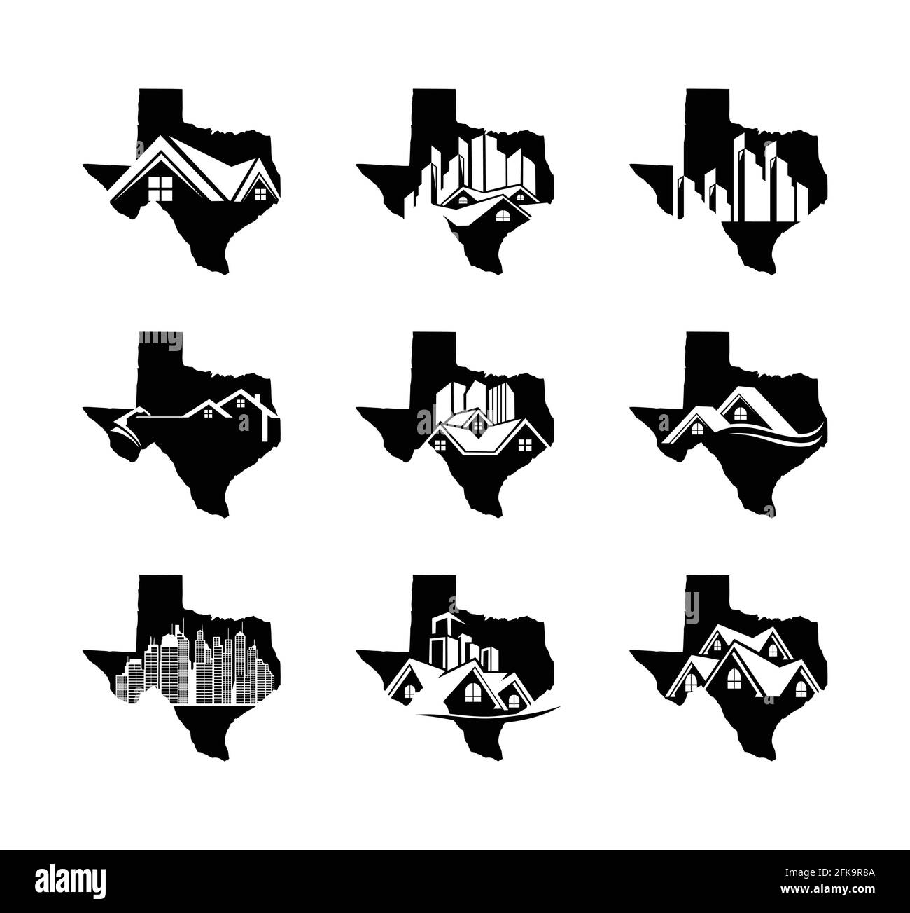 Un'illustrazione vettoriale della mappa dello stato del Texas con il bene immobile E Home Logo Illustrazione Vettoriale