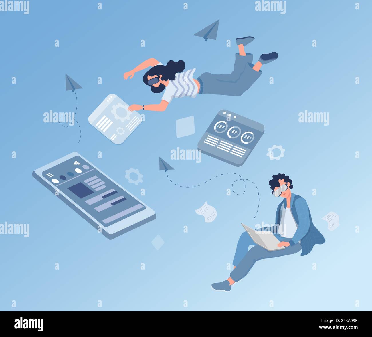 Uomo e donna in occhiali virtuali che lavorano e navigano su internet,  toccando interfaccia e impostazioni vettoriale flat illustration. Concetto  di tecnologie moderne. Persone che trascorrono tempo nella realtà virtuale  Immagine e