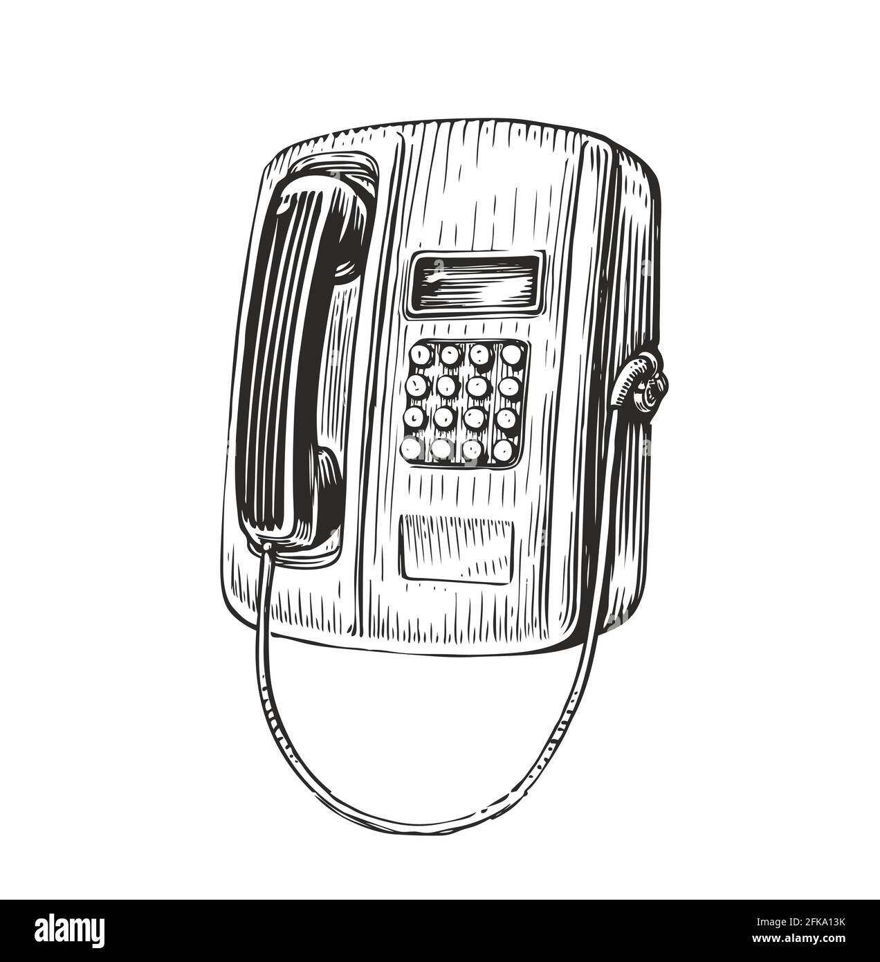 Schizzo retro del telefono a pagamento. Telefono pubblico in stile d'incisione vintage. Illustrazione vettoriale Illustrazione Vettoriale
