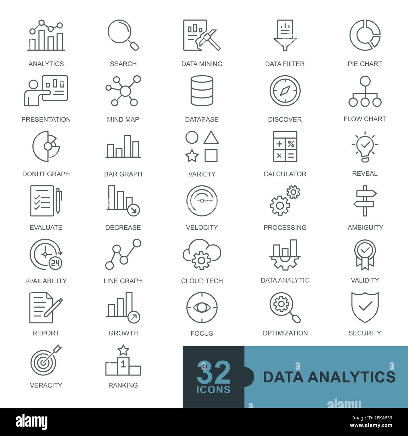 Analisi dei dati, statistiche, analisi minimale linea sottile, glifo, colore pieno, insieme di icone di Web solido raccolta di icone. Semplice illustrazione vettoriale Illustrazione Vettoriale