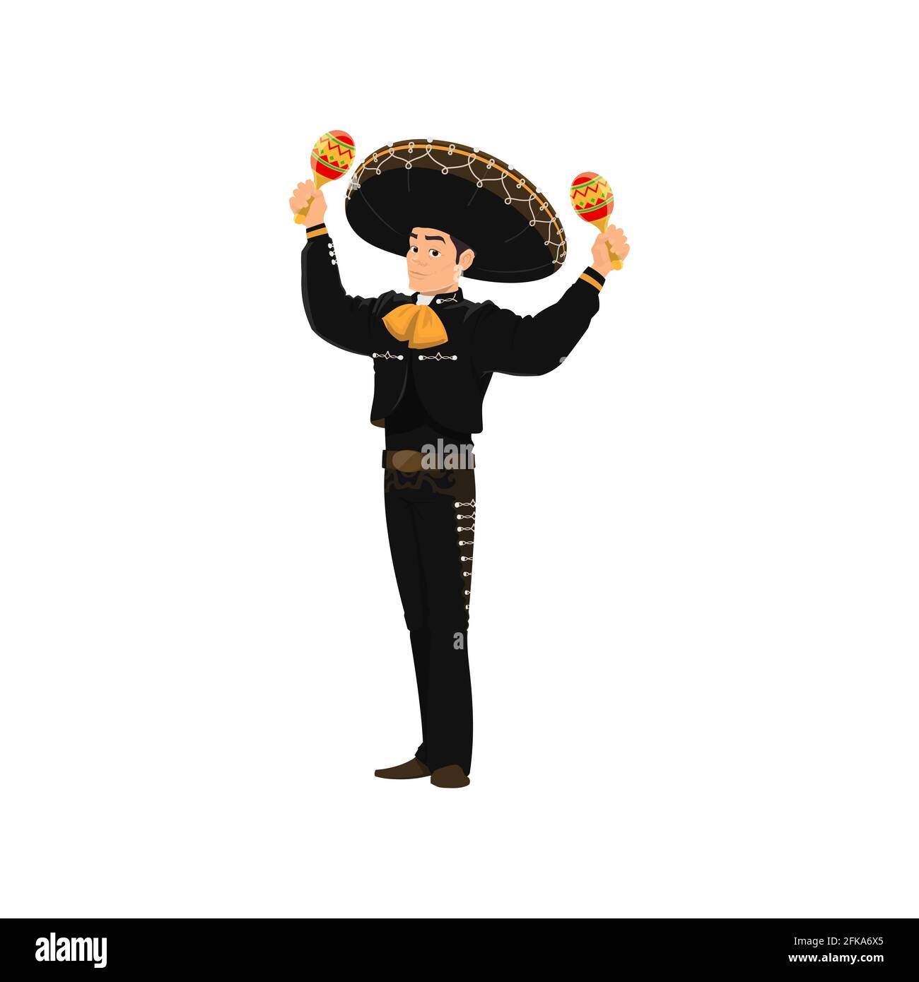 Il suonatore di Street band spagnola mariachi gioca su maracas isolato cartoon carattere. Esecutore vettoriale con strumenti musicali maracas, giocatore di mariachi in Illustrazione Vettoriale