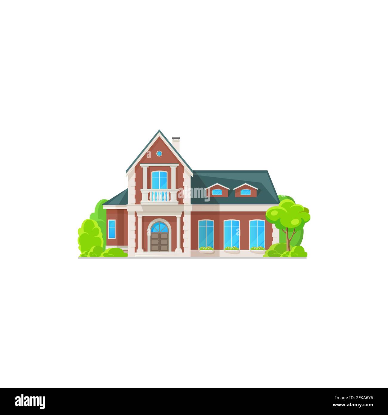 Facciata esterna dell'edificio chalet casa privata isolata. Vector House, edificio contemporaneo in stile country. Villa con finestre e deco Illustrazione Vettoriale