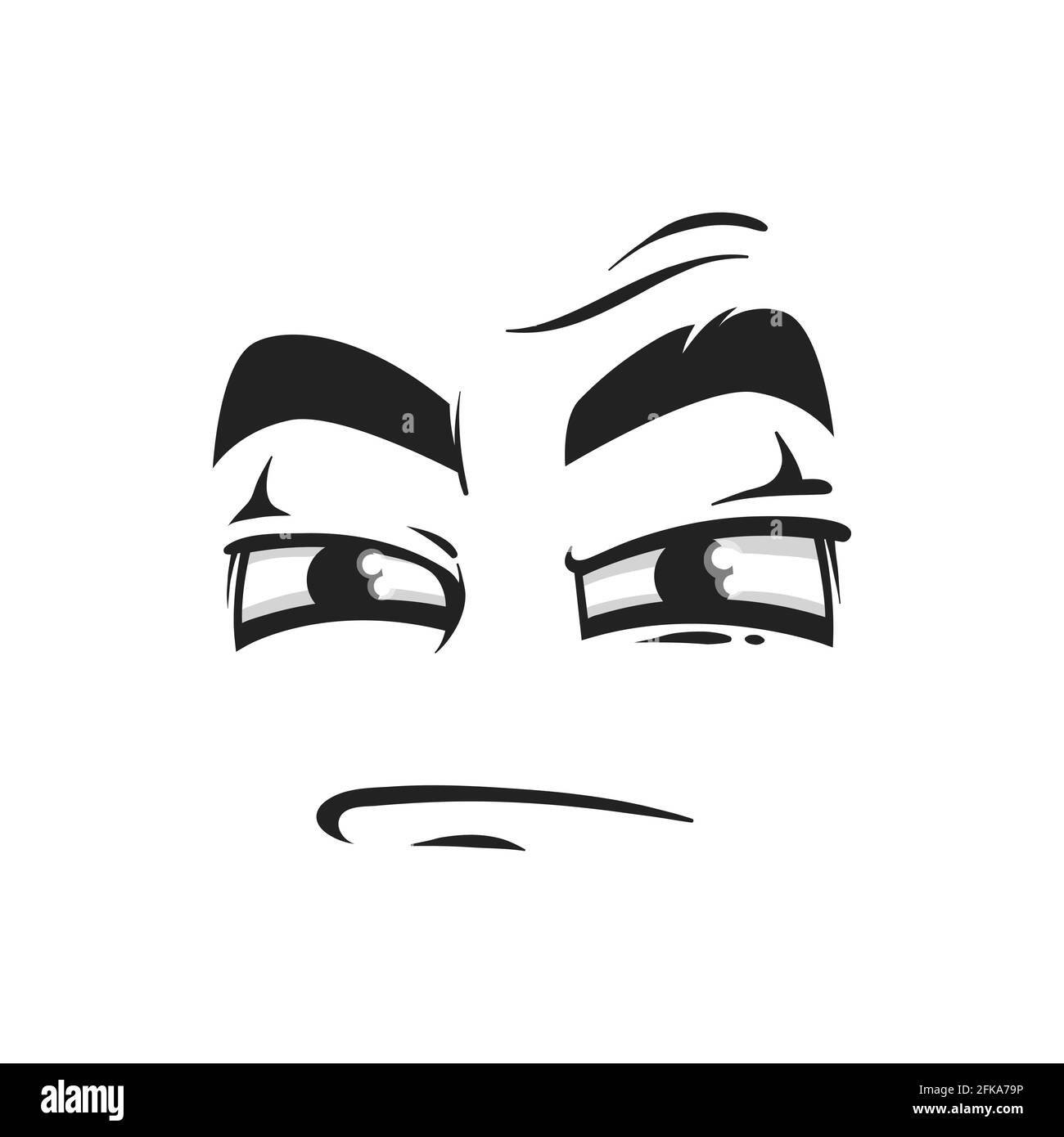 Icona vettoriale del volto del cartone animato, sospettando emoji con occhi squinted e bocca chiusa. Espressione facciale, sospettare sensazioni divertenti isolate su sfondo bianco Illustrazione Vettoriale