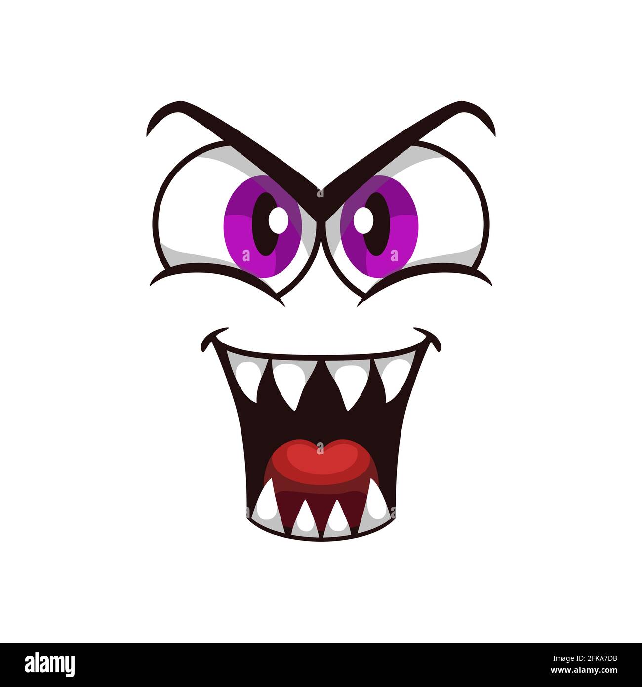 Icona vettoriale isolato volto cartoon, emoji guanto facciale di creatura divertente, emozione sorrisi con grandi occhi rotondi viola e bocca con lingua rossa iso Illustrazione Vettoriale
