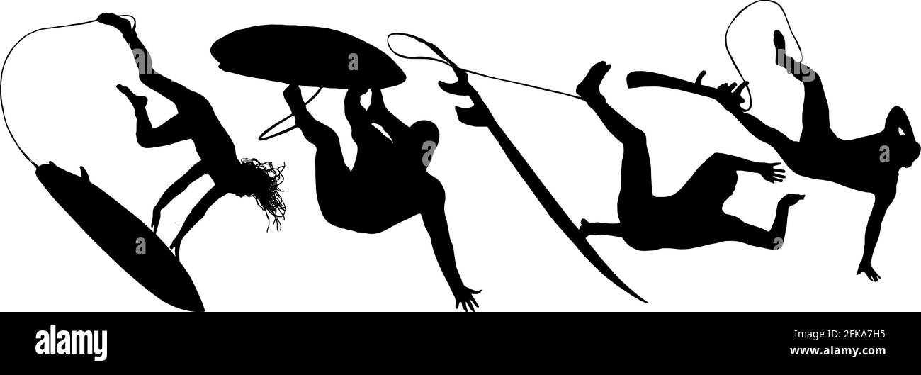 I wipeout da surf hanno le loro silhouette su sfondo nero su bianco Illustrazione Vettoriale