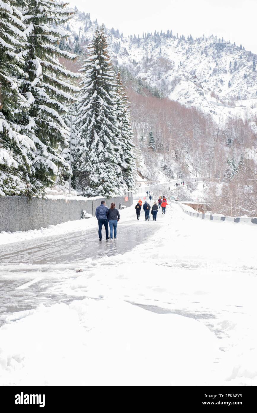 mangiato nella neve in inverno nelle montagne di Almaty Foto Stock