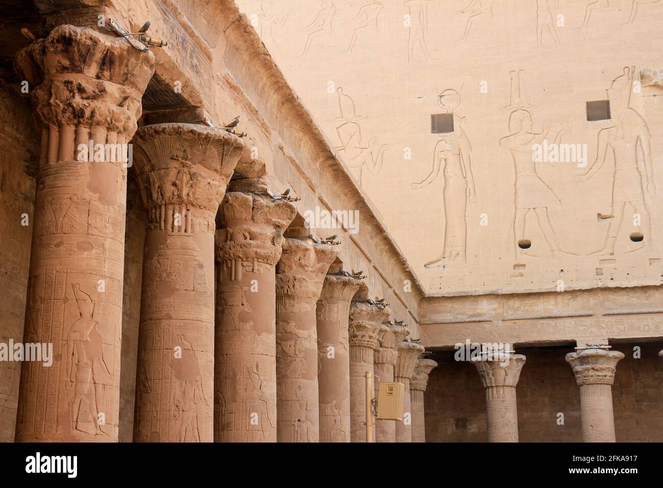 Fila di colonne con geroglifici nel cortile del Tempio di Edfu, Edfu, Egitto Foto Stock